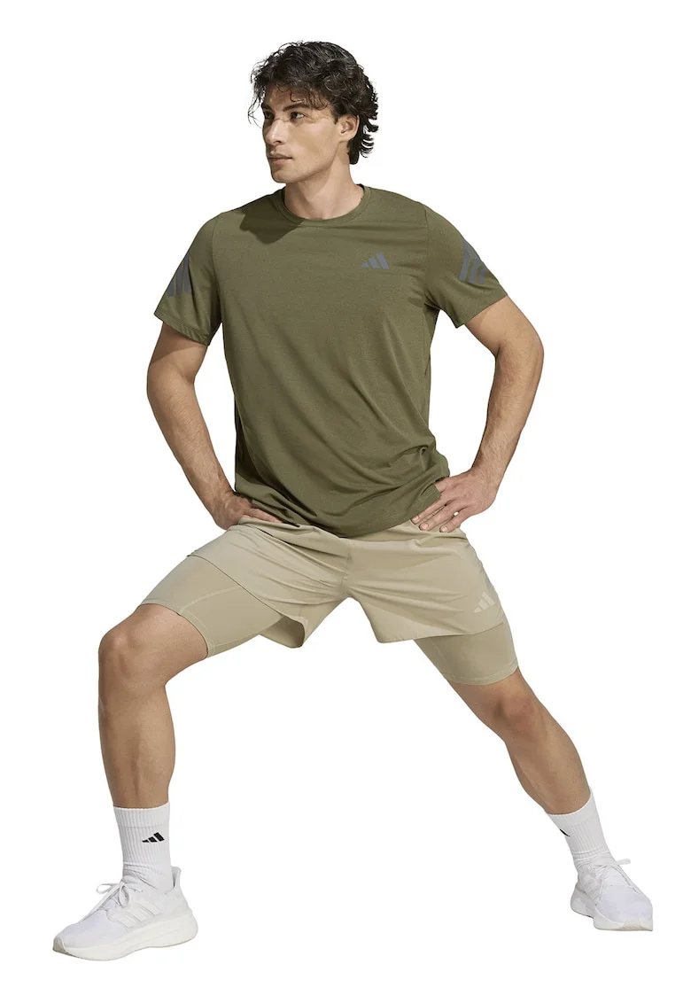 Tricou cu decolteu la baza gatului si logo, pentru alergare, Verde masliniu