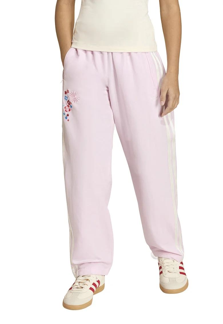 Pantaloni de trening cu talie inalta si broderie, Alb/Roz pal