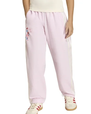 Pantaloni de trening cu talie inalta si broderie, Alb/Roz pal