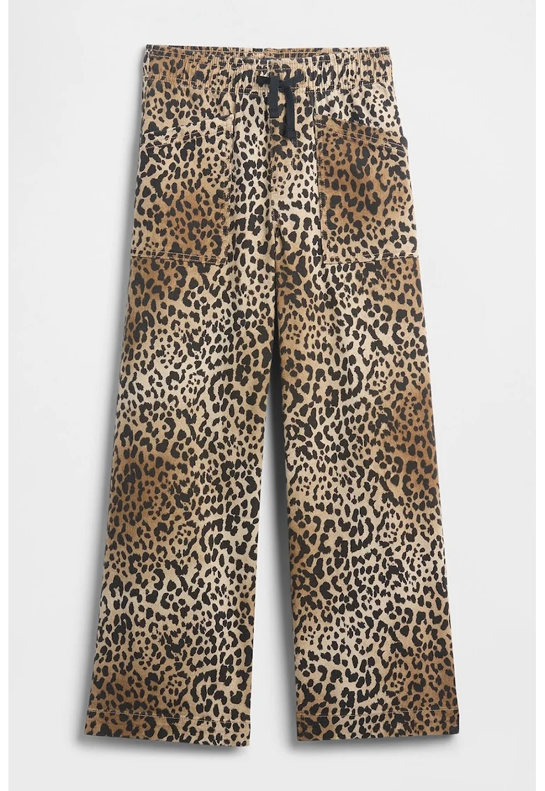 Pantaloni cu animal print si snur, Negru/Maro deschis