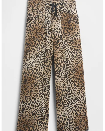 Pantaloni cu animal print si snur, Negru/Maro deschis