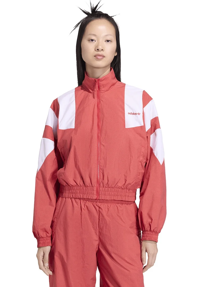 Jacheta cu terminatie elastica si fermoar Blocked Washed, Alb/Coral
