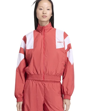 Jacheta cu terminatie elastica si fermoar Blocked Washed, Alb/Coral