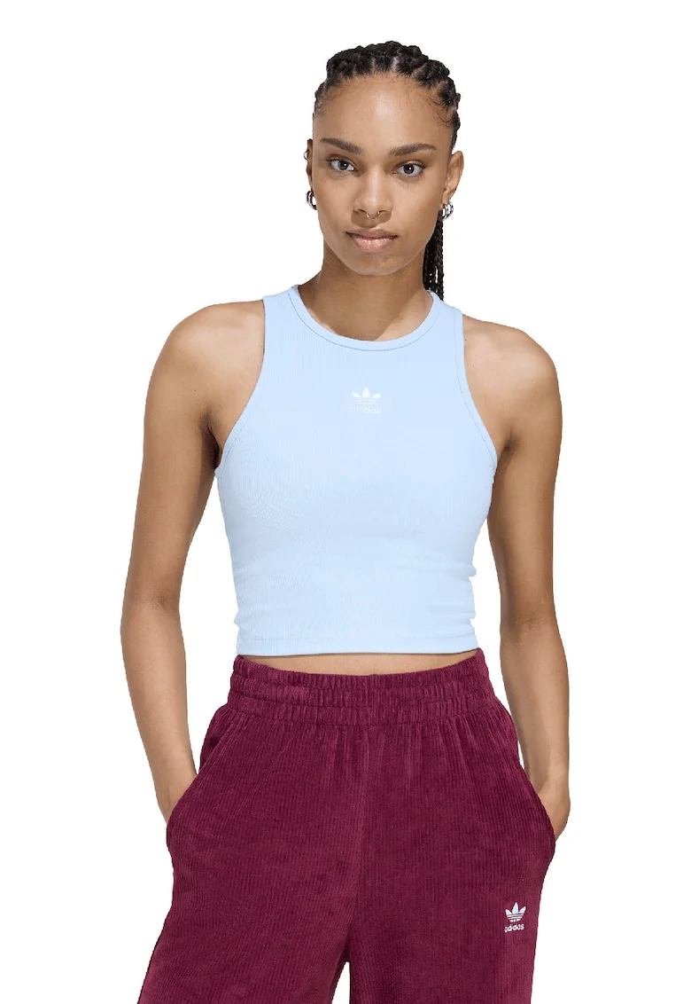 Top crop striat cu decolteu racerback Essentials, Albastru glaciar