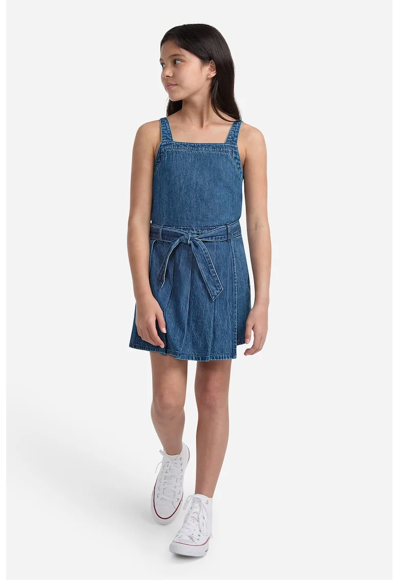 Sarafan din denim cu cordon in talie, Albastru inchis