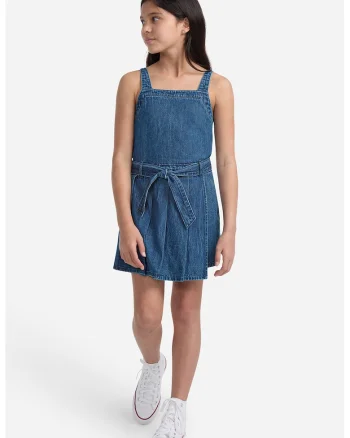 Sarafan din denim cu cordon in talie, Albastru inchis