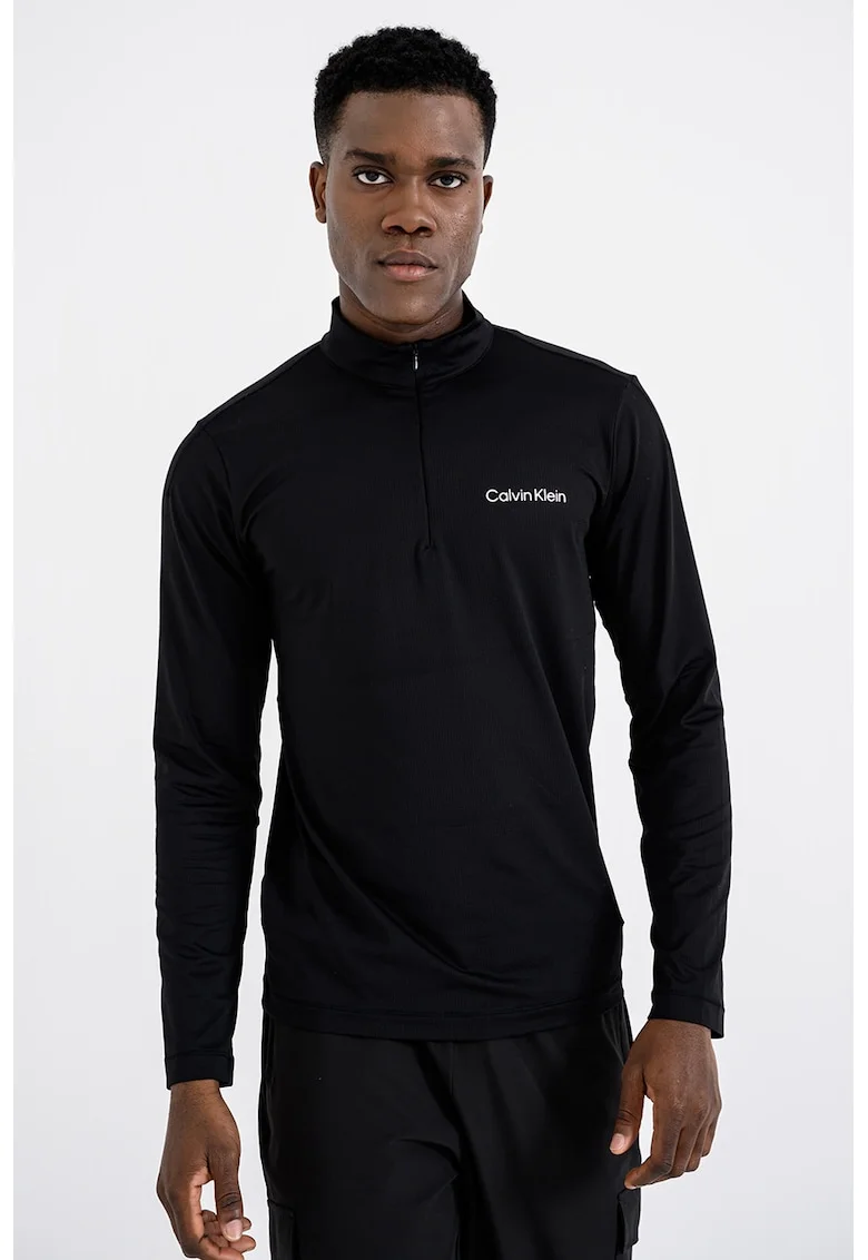 Bluza cu guler cu fermoar scurt si tehnologie cu uscare rapida, pentru fitness, Alb/Negru