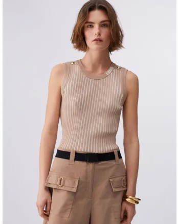 Top slim fit cu model in dungi, Bej