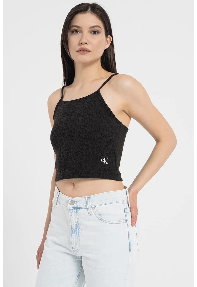 Top crop cu logo brodat, Negru