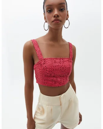 Top crop cu decolteu patrat, Rosu