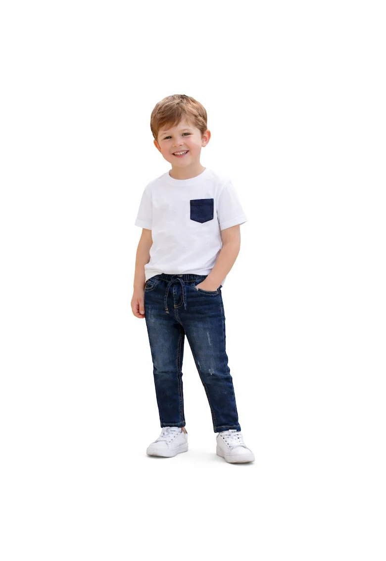 Blugi baieti iDO din bumbac elastic talie ajustabila cu snur albastru inchis