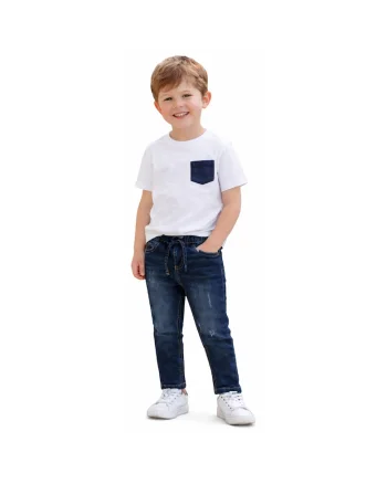 Blugi baieti iDO din bumbac elastic talie ajustabila cu snur albastru inchis