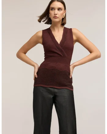 Pulover texturat cu decolteu in V, Maro cognac
