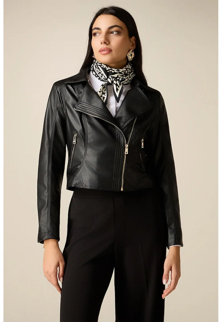 Jacheta biker de piele ecologica cu buzunare cu fermoar, Negru