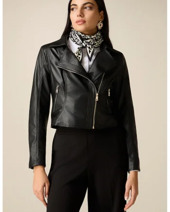 Jacheta biker de piele ecologica cu buzunare cu fermoar, Negru