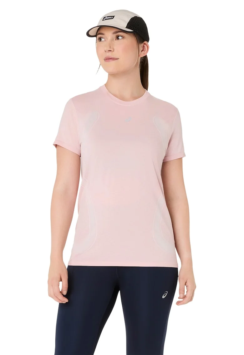 Tricou cu decolteu in V si detalii reflectorizante pentru alergare, fara cusaturii Road, Alb/Roz prafuit
