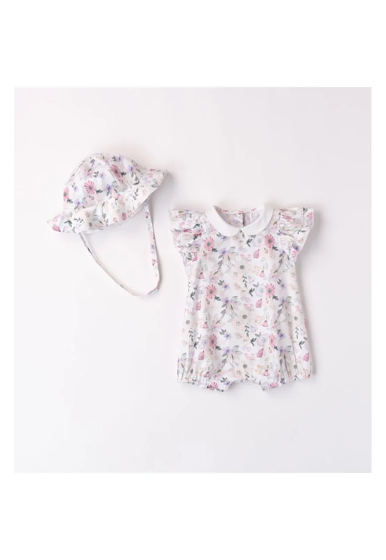 Salopeta scurta cu imprimeu floral si palarie asortata pentru fetita nou nascut,  3.8715, Roz