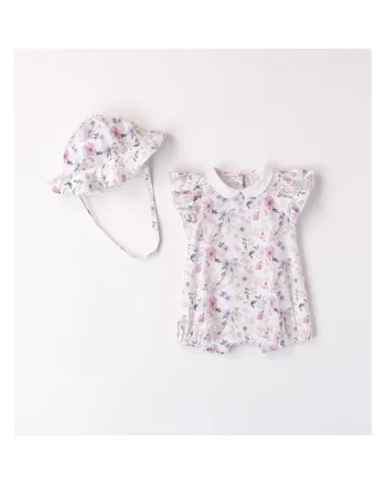 Salopeta scurta cu imprimeu floral si palarie asortata pentru fetita nou nascut,  3.8715, Roz