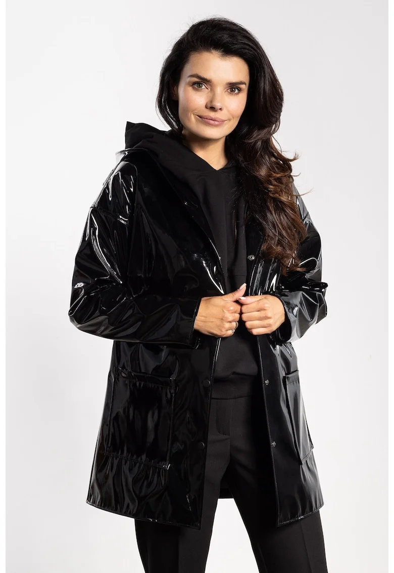 Geaca de dama,  latex, impermeabila, negru, gluga, buzunare, finisaj lucios