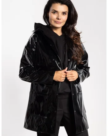 Geaca de dama,  latex, impermeabila, negru, gluga, buzunare, finisaj lucios