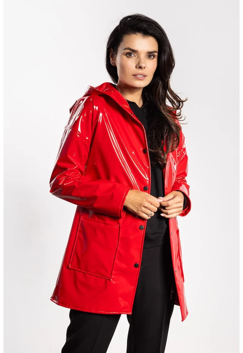 Geaca de dama,  latex, gluga, buzunare, rosie, poliester
