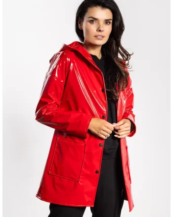 Geaca de dama,  latex, gluga, buzunare, rosie, poliester