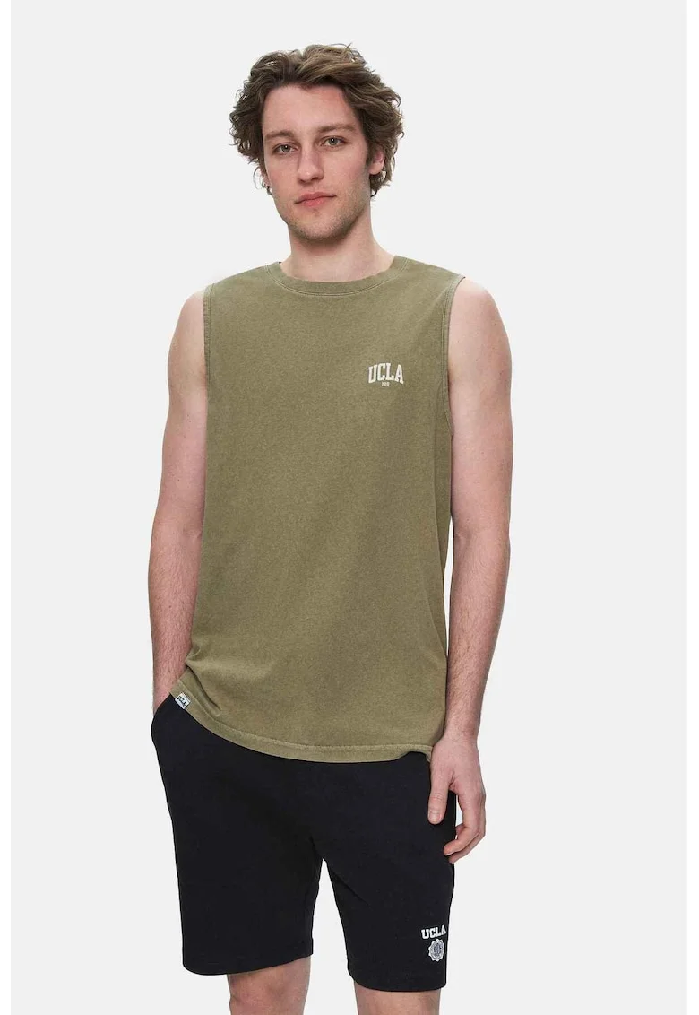 Maiou regular fit, decolteu la baza gatului, imprimeu cu logo, Verde