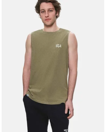 Maiou regular fit, decolteu la baza gatului, imprimeu cu logo, Verde