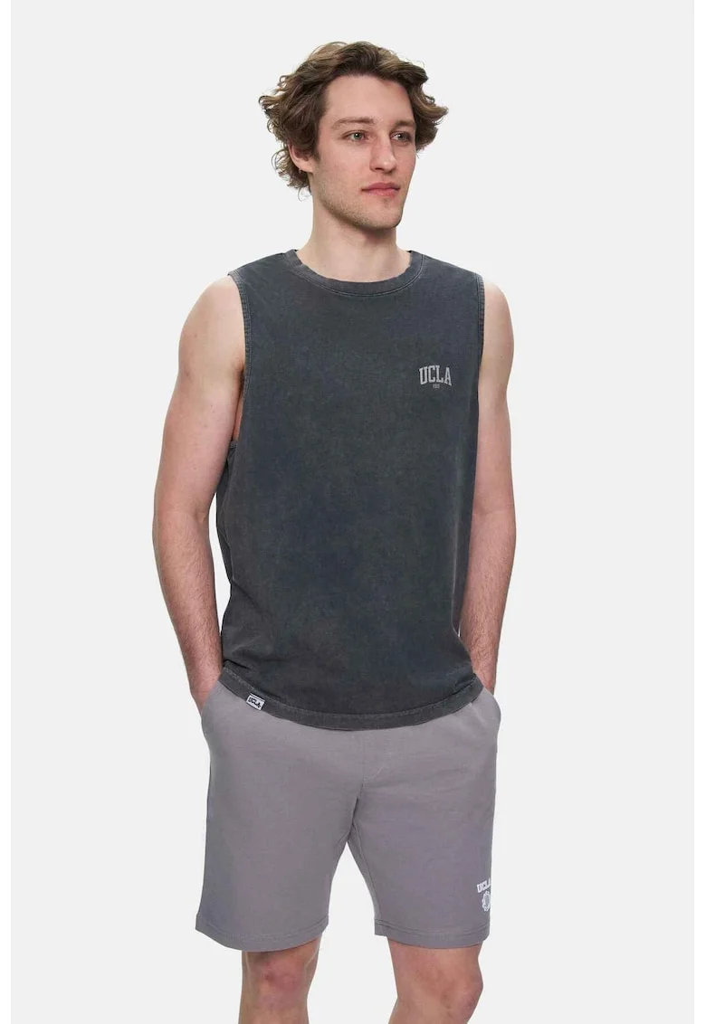 Maiou regular fit, decolteu la baza gatului, imprimeu cu logo, Negru, ELTON, Negru