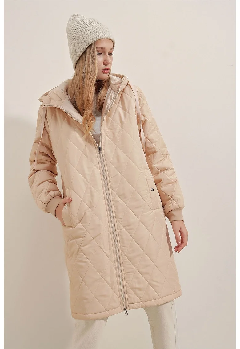 Geaca lunga cu puf, HiCCUP, supradimensionat, cu gluga, maro melanj, textil, Maro