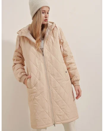 Geaca lunga cu puf, HiCCUP, supradimensionat, cu gluga, maro melanj, textil, Maro