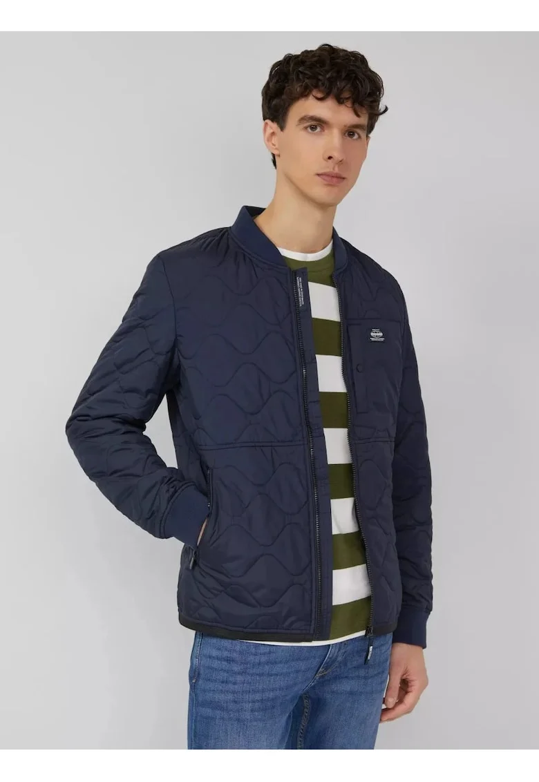 Jacheta bomber, barbati, cu guler tricotat si model in valuri, Bleumarin inchis