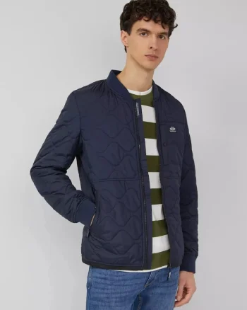 Jacheta bomber, barbati, cu guler tricotat si model in valuri, Bleumarin inchis