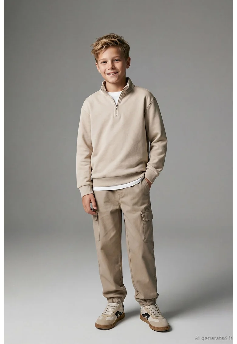 Pantaloni cargo cu model uni, Bej