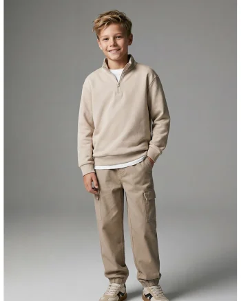 Pantaloni cargo cu model uni, Bej