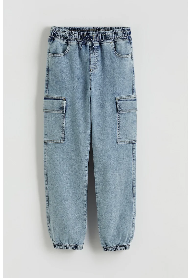 Pantaloni jogger din denim cu buzunare cu clapa, Albastru pastel