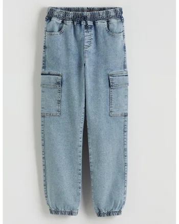 Pantaloni jogger din denim cu buzunare cu clapa, Albastru pastel