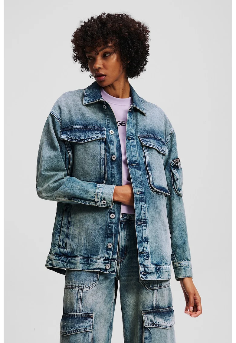 Jacheta supradimensionata din denim cu buzunare, Albastru petrol