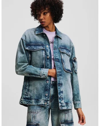 Jacheta supradimensionata din denim cu buzunare, Albastru petrol
