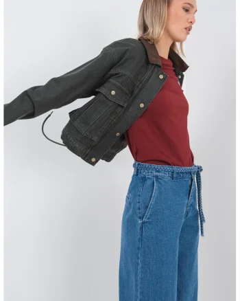 Jacheta de denim cu buzunare supradimensionate Saylor, Maro inchis/Verde feriga