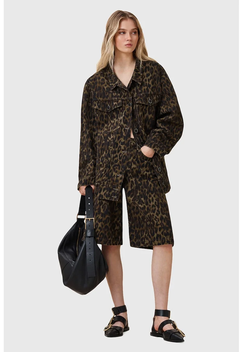 Jacheta din denim cu animal print Willow, Maro inchis/Maro camel