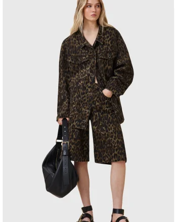 Jacheta din denim cu animal print Willow, Maro inchis/Maro camel