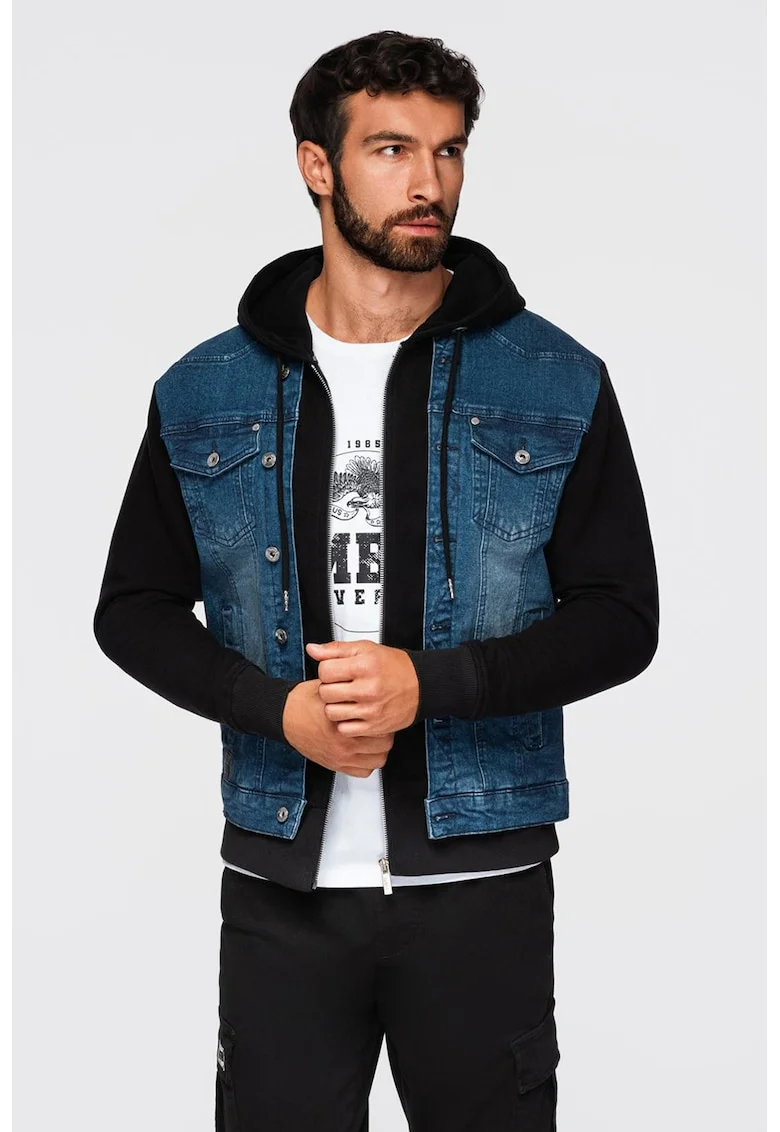 Jacheta din denim cu gluga, Negru/Albastru petrol
