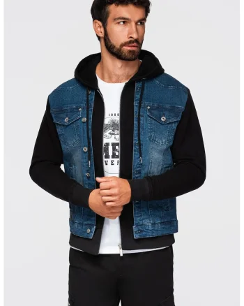 Jacheta din denim cu gluga, Negru/Albastru petrol