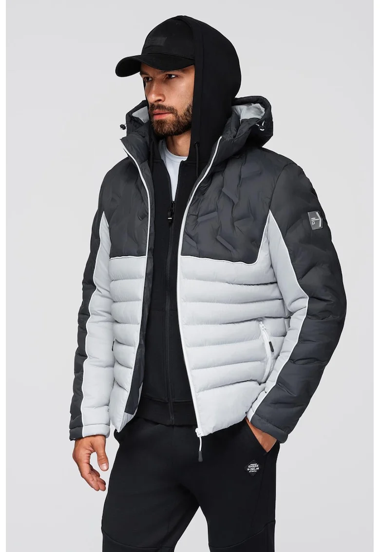 Geaca cu gluga si model colorblock, Gri deschis/Gri inchis