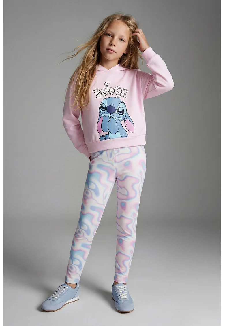 Colanti cu talie elastica si model tie-dye, Alb/Roz pastel/Albastru deschis