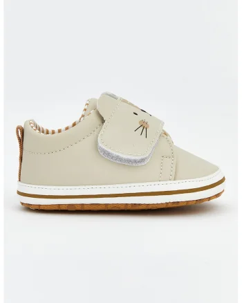 Pantofi crib din piele ecologica cu bareta velcro, Bej deschis