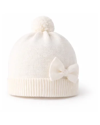 Caciula bebeluse  alba cu funda si pompon din bumbac si lana Alb Natural