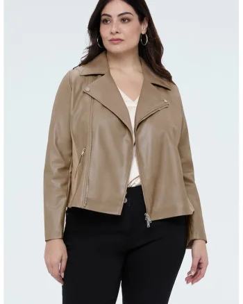 Jacheta biker din piele ecologica, Maro taupe deschis