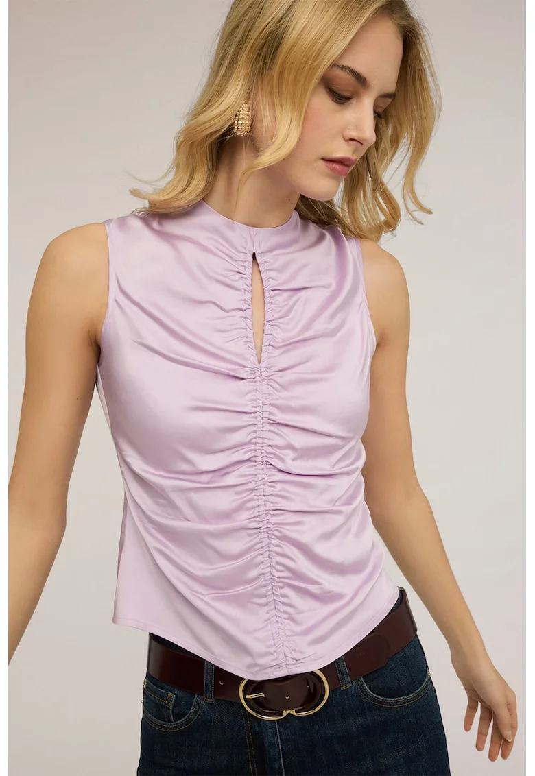 Top cu aspect de satin si detalii drapate, Lila